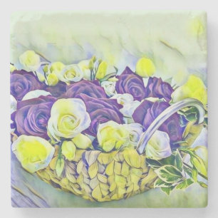 White Purple Basket of Roses Watercolor Painting Stone Coaster