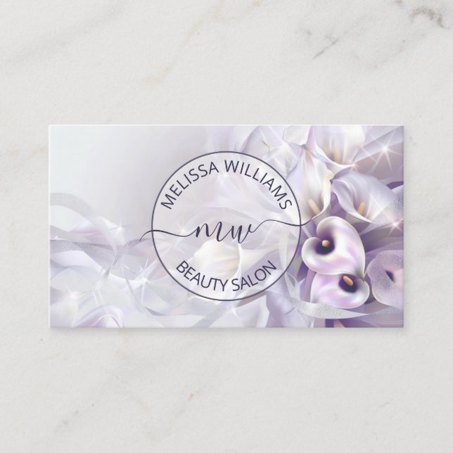 White Purple Calla Flower Logo Business Card (Front)