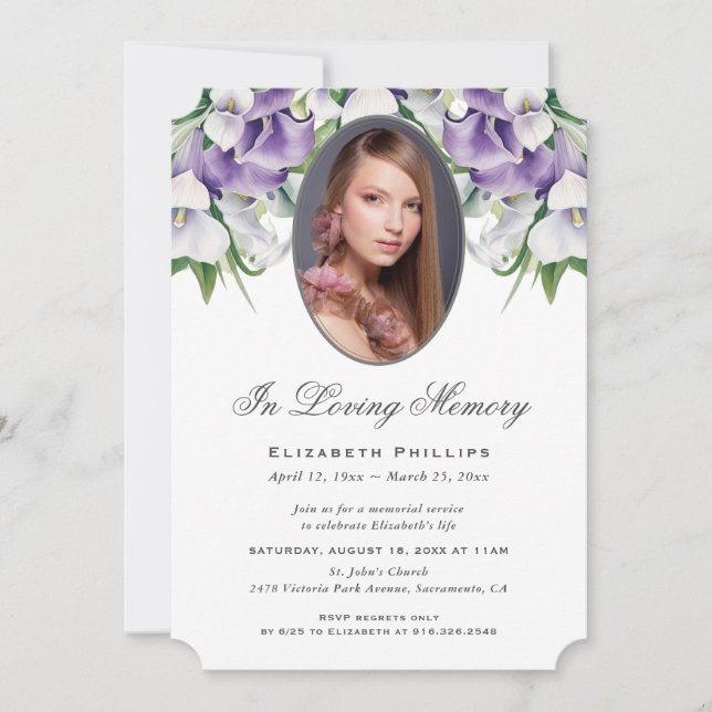 White Purple Calla Lily Photo Funeral Memorial Invitation (Front)