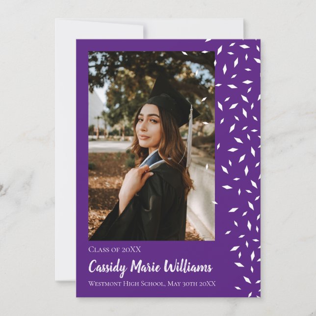 White Purple Confetti Graduation Announcement (Front)