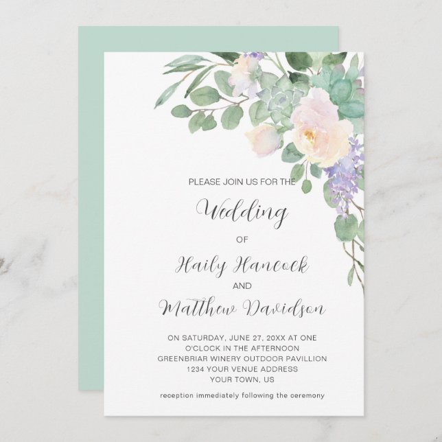 White Purple Floral Greenery Eucalyptus Succulents Invitation (Front/Back)