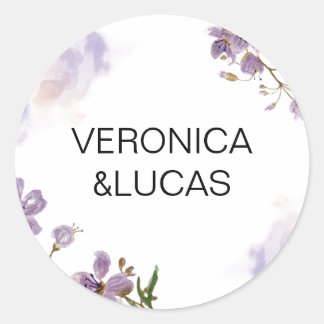 White Purple Floral Wedding Classic Round Sticker
