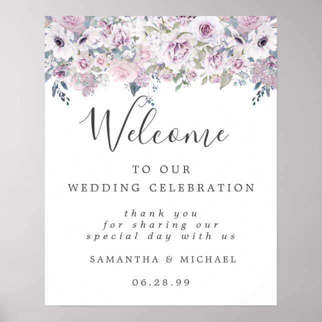 White Purple Floral Welcome to Our Wedding Sign (Front)