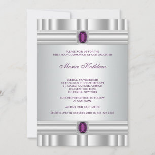 White Purple Girls Purple First Communion Invitation