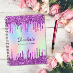 White purple glitter drips pink monogram 2021 plan planner<br><div class="desc">A rainbow,  unicorn coloured holographic background.  Decorated with faux glitter drips in purple and pink.  Personalise and add a name,   purple coloured letters and your text on the spine.  Perfect for school,  work,  family,  back to school.  The name is written with a modern hand lettered style script.</div>