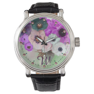 WHITE PURPLE GREEN ROSES,ANEMONE FLOWERS MONOGRAM WATCH