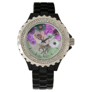 WHITE PURPLE GREEN ROSES,ANEMONE FLOWERS MONOGRAM WATCH