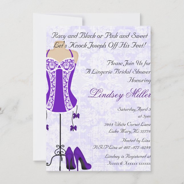 White & Purple Lingerie Bridal Shower Invite (Front)