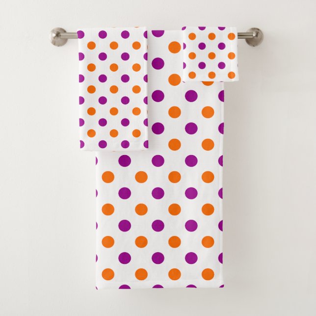 White Purple Orange Polka Dots Pattern Bath Towel Set (Insitu)