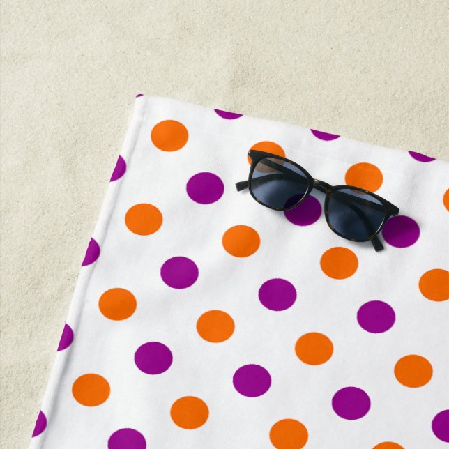 White Purple Orange Polka Dots Pattern Beach Towel (In Situ)