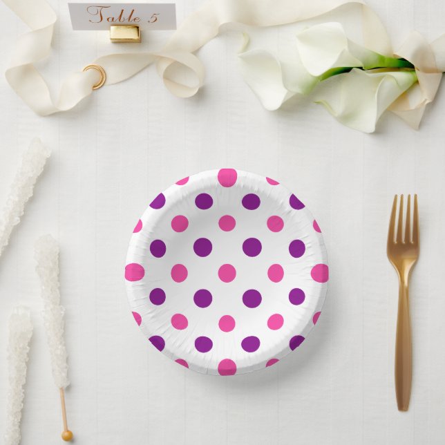 White Purple Pink Polka Dots Pattern  Paper Plate (Wedding)