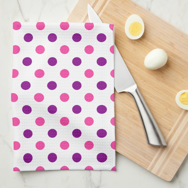 White Purple Pink Polka Dots Pattern  Tea Towel (Quarter Fold)