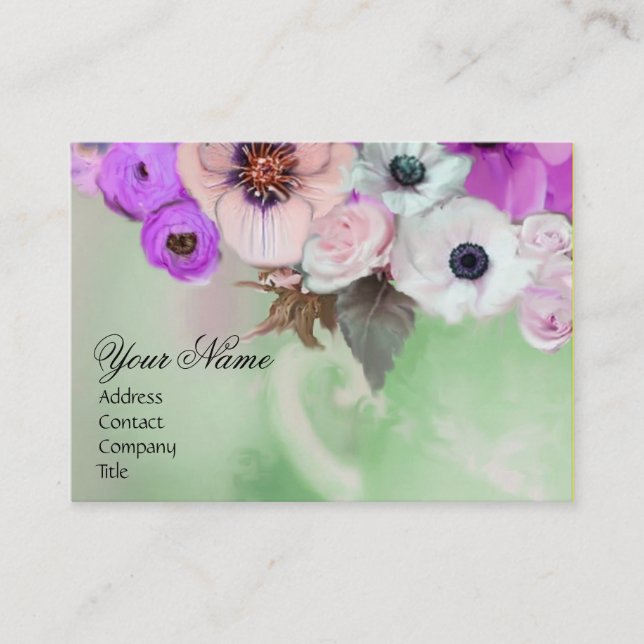 WHITE PURPLE ROSES AND ANEMONE FLOWERS MONOGRAM BUSINESS CARD (Front)