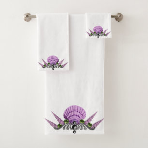 WHITE PURPLE SEASHELL BATHROOM TOWEL SET