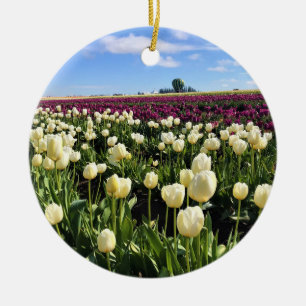 White & Purple Tulip Field with Hot Air Balloon Ceramic Ornament