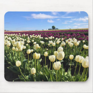 White & Purple Tulip Field with Hot Air Balloon Mouse Pad