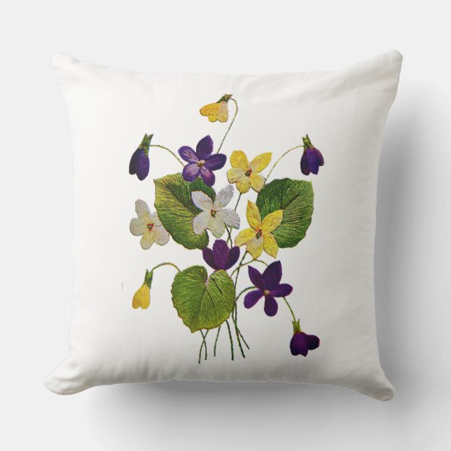 White, Purple & Yellow Violets Embroidered Pillow (Front)