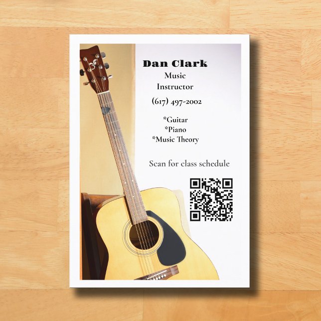 White QR Code  Music Teacher Acoustic Guitar  Business Card (Guitar Music Teacher Business Card )