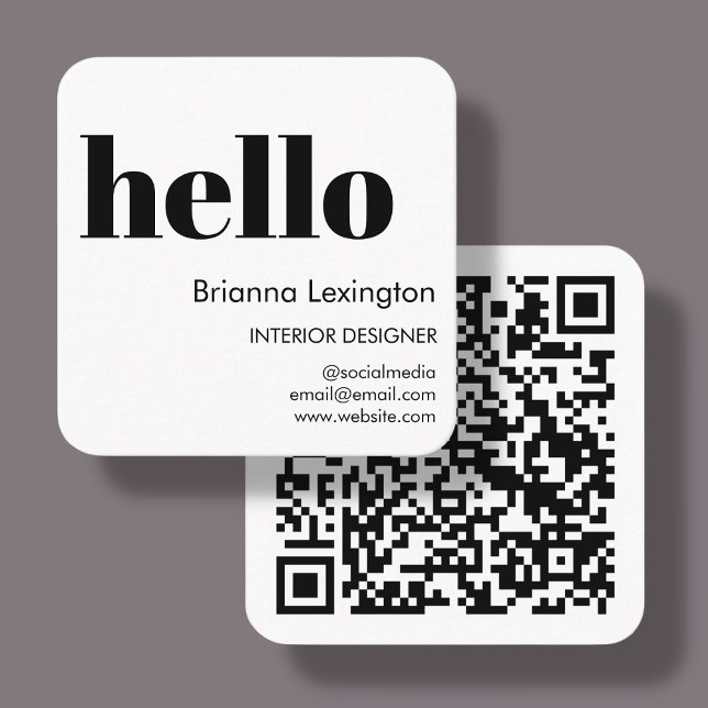 White | QR Code Social Media Hello Square Business Card (Creator Uploaded)