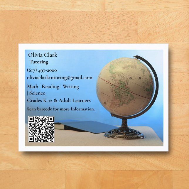 White QR Code Tutor Teacher Globe & Book Classroom Business Card (White Globe  Business Card for Teacher )