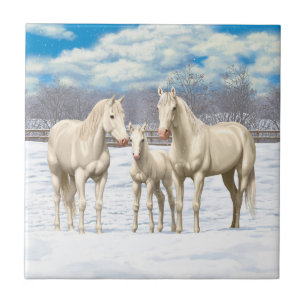 White Quarter Horses In Snow Ceramic Tile