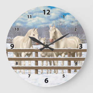 White Quarter Horses In Snow Large Clock