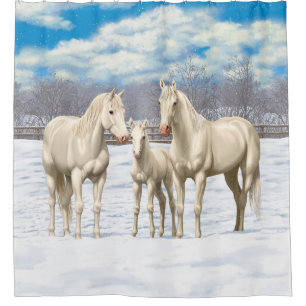 White Quarter Horses In Winter Pasture Shower Curtain