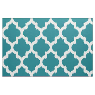 White Quatrefoil Ikat Custom Turquoise Background Fabric