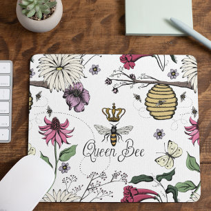 White Queen Bee Royal Crown Floral Pattern Mouse Pad