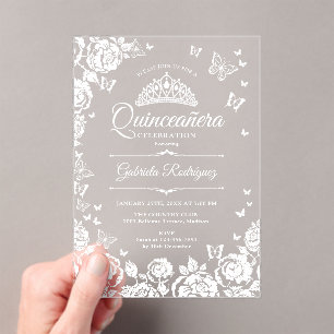 White Quinceanera Roses Butterflies Acrylic Invitations