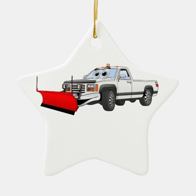 White R Pick Up Snow Plough Cartoon Ceramic Tree Decoration (Front)