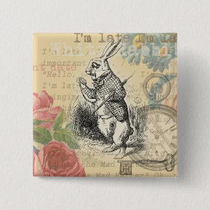 White Rabbit Alice Adventures Wonderland Art 15 Cm Square Badge