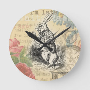 White Rabbit Alice Adventures Wonderland Art Round Clock