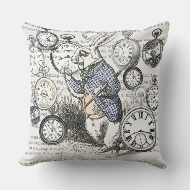 White Rabbit Alice in Wonderland Clocks Cushion (Front)