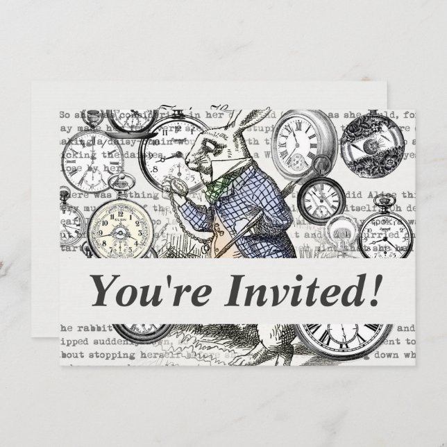 White Rabbit Alice in Wonderland Clocks Invitation (Front/Back)