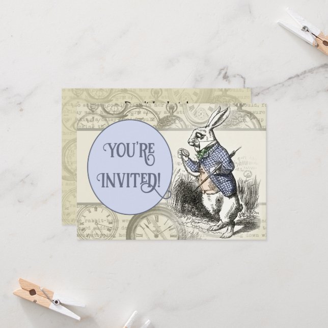 White Rabbit Alice in Wonderland Clocks Invitation (Front/Back In Situ)