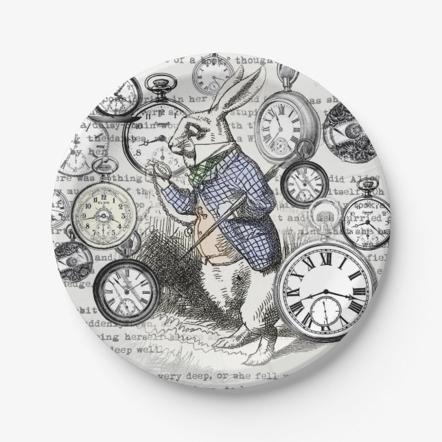White Rabbit Alice in Wonderland Clocks Paper Plate (Front)