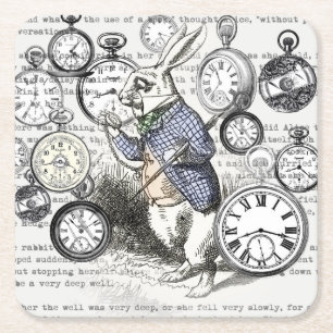 White Rabbit Alice in Wonderland Clocks Square Paper Coaster