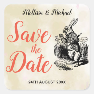White Rabbit Alice in Wonderland Save the Date Square Sticker