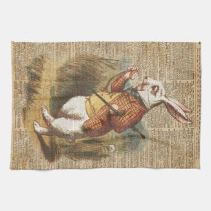 White Rabbit Alice in Wonderland Vintage Art Tea Towel