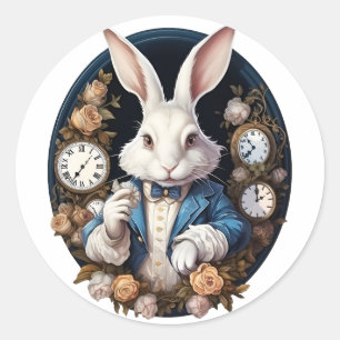 White Rabbit Alice in Wonderland Watches and roses Classic Round Sticker