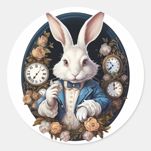White Rabbit Alice in Wonderland Watches and roses Classic Round Sticker (Front)