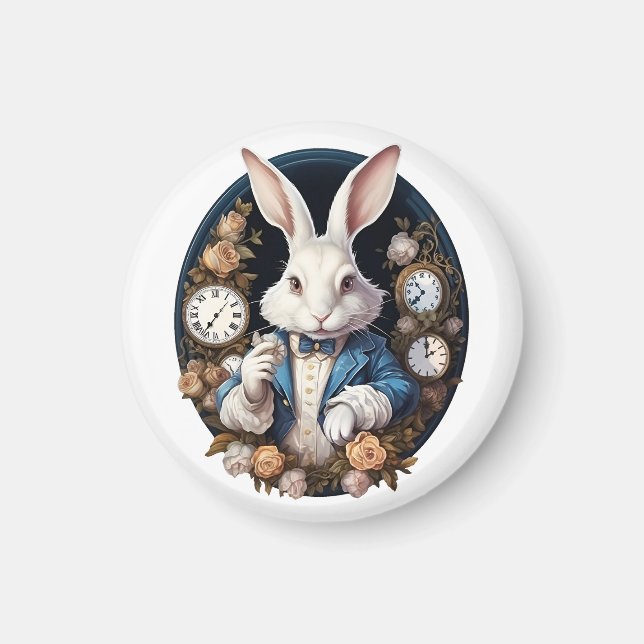 White Rabbit Alice in Wonderland Watches and roses Magnet (Front)