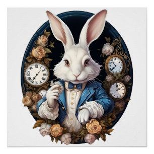 White Rabbit Alice in Wonderland Watches and roses Poster