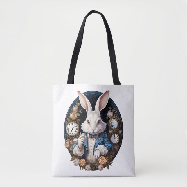 White Rabbit Alice in Wonderland Watches and roses Tote Bag (Front)
