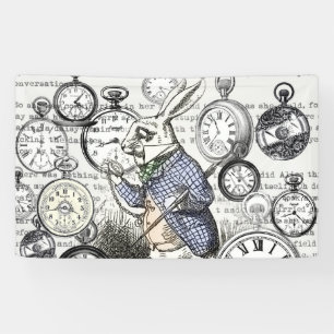 White Rabbit Alice Wonderland Clocks Art Banner