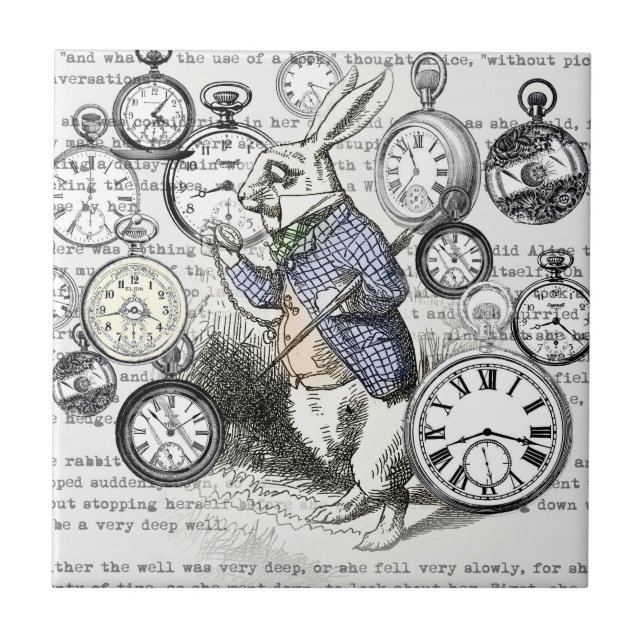 White Rabbit Alice Wonderland Clocks Art Ceramic Tile (Front)