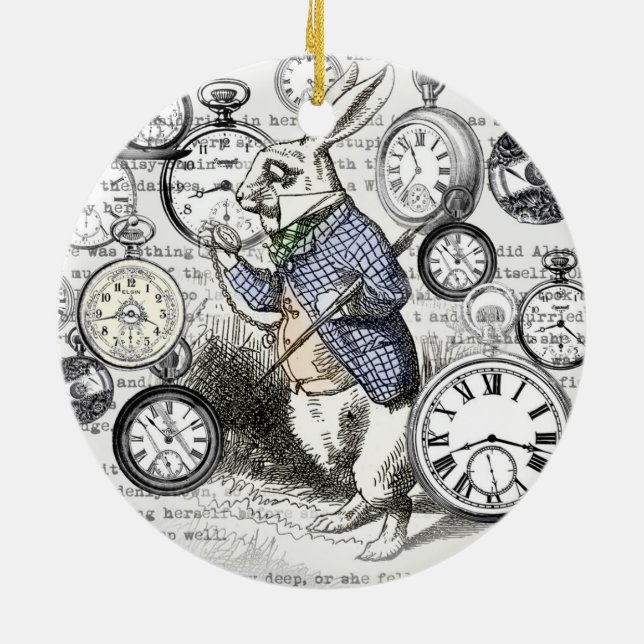 White Rabbit Alice Wonderland Clocks Art Ceramic Tree Decoration (Back)