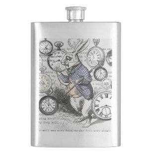 White Rabbit Alice Wonderland Clocks Art Hip Flask