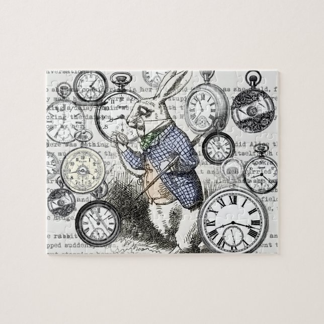 White Rabbit Alice Wonderland Clocks Art Jigsaw Puzzle (Horizontal)